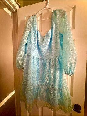 Sky Blue Lace Puff-Sleeve Mini Dress